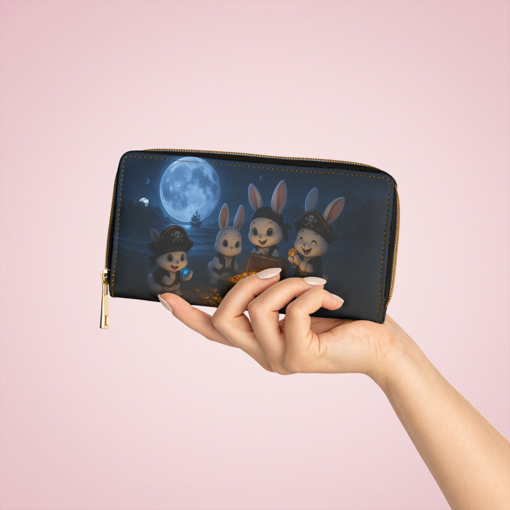 Fantasy Pirate Bunny Wallet – Whimsical Zipper Clutch with Treasure Art