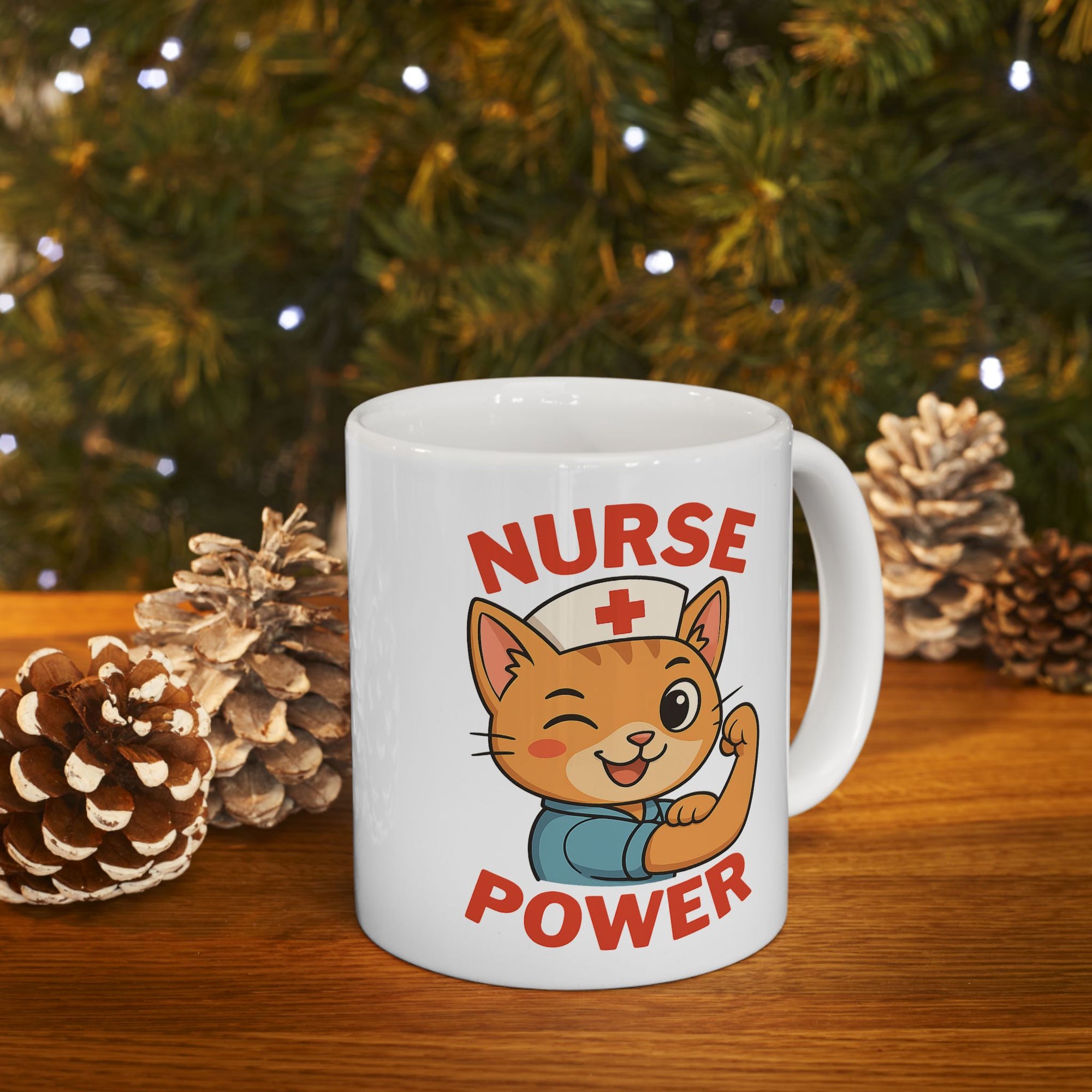 Nurse Power Ceramic Mug – Cute Cat Design, Perfect Gift for Nurses, Healthcare workers & Animal Lovers, 11oz Coffee Cup for Home or Office
