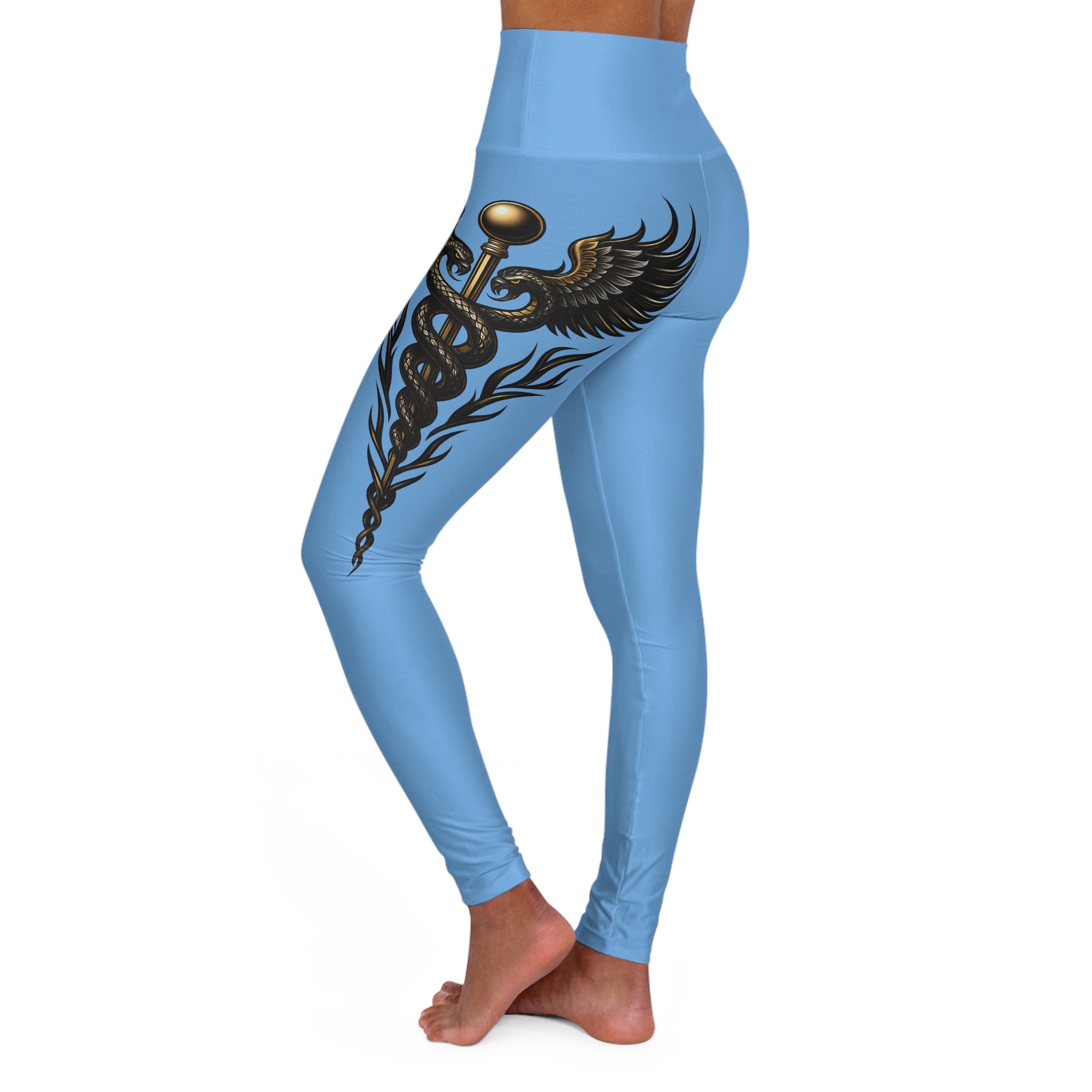 Nurse Caduceus High Waist Yoga Leggings – Light Blue, Black & Gold