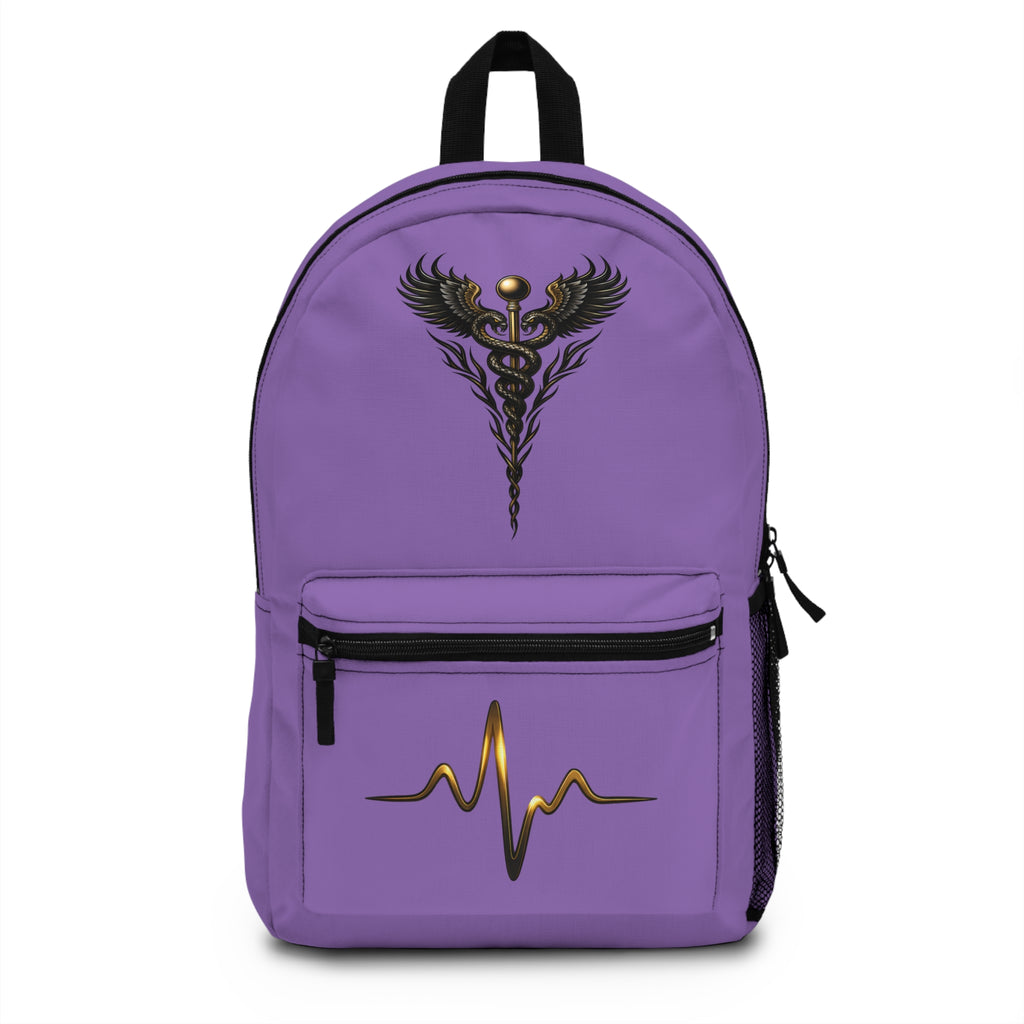 The Healer’s Backpack – Medical Caduceus & Gold Heartbeat Nursing Backpack (Light Purple)