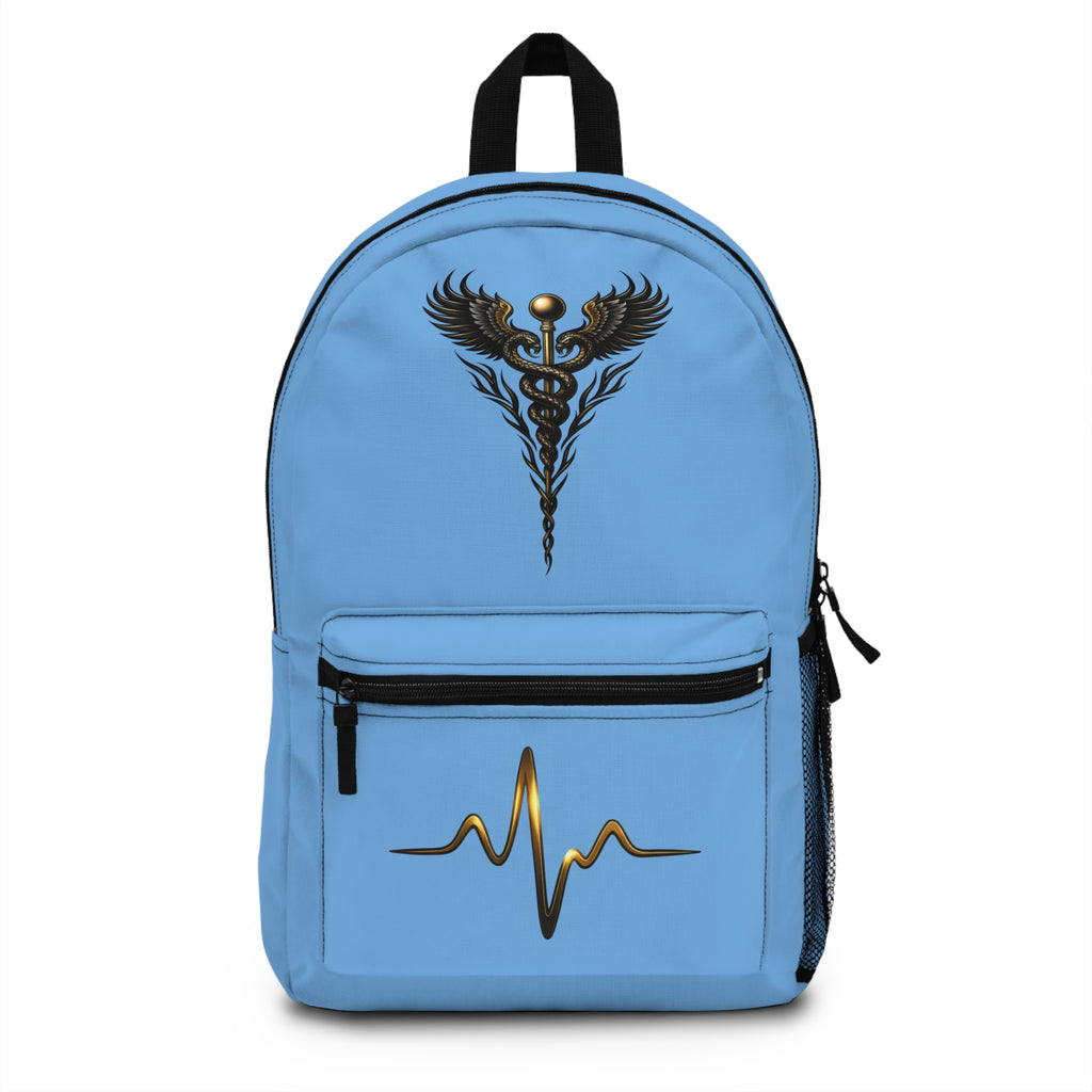 The Healer’s Backpack – Medical Caduceus & Gold Heartbeat Nursing Backpack (Light Blue)