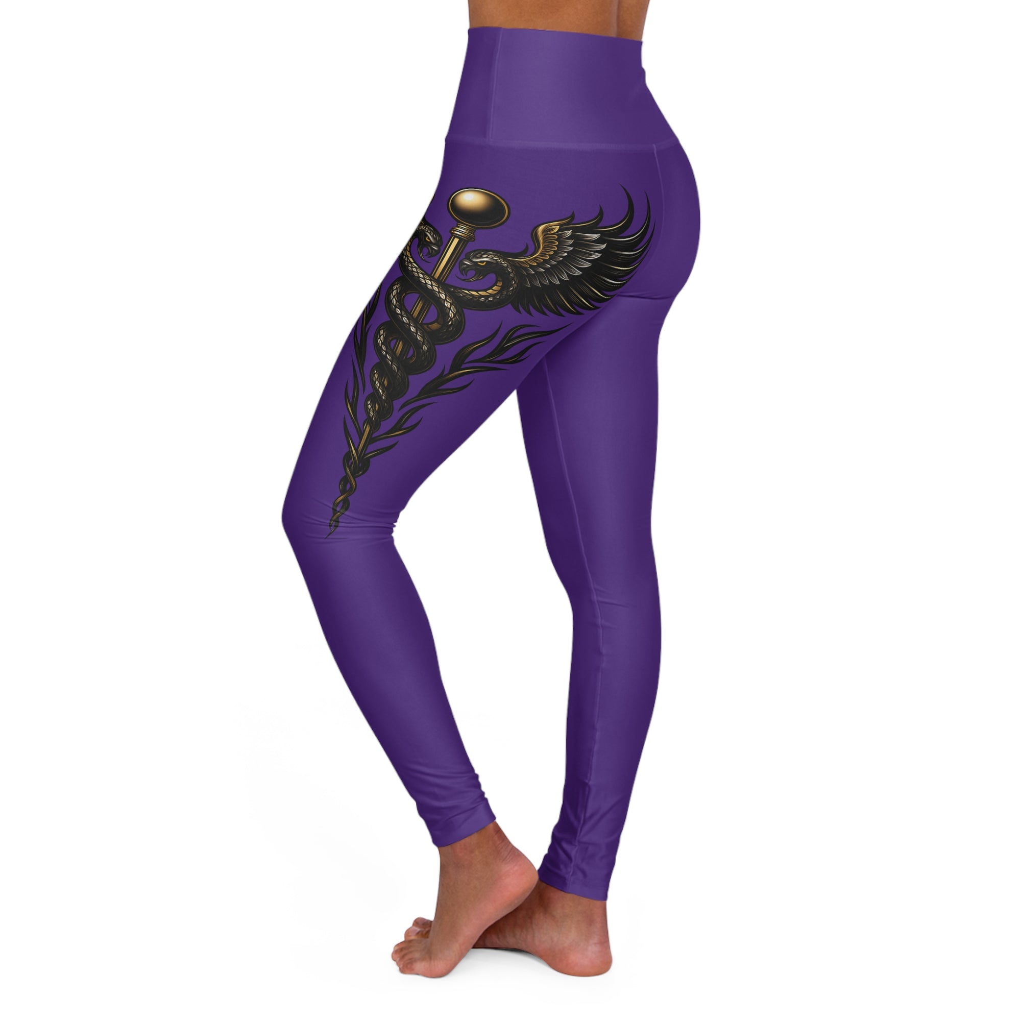 Nurse Caduceus High Waist Yoga Leggings – Purple, Black & Gold