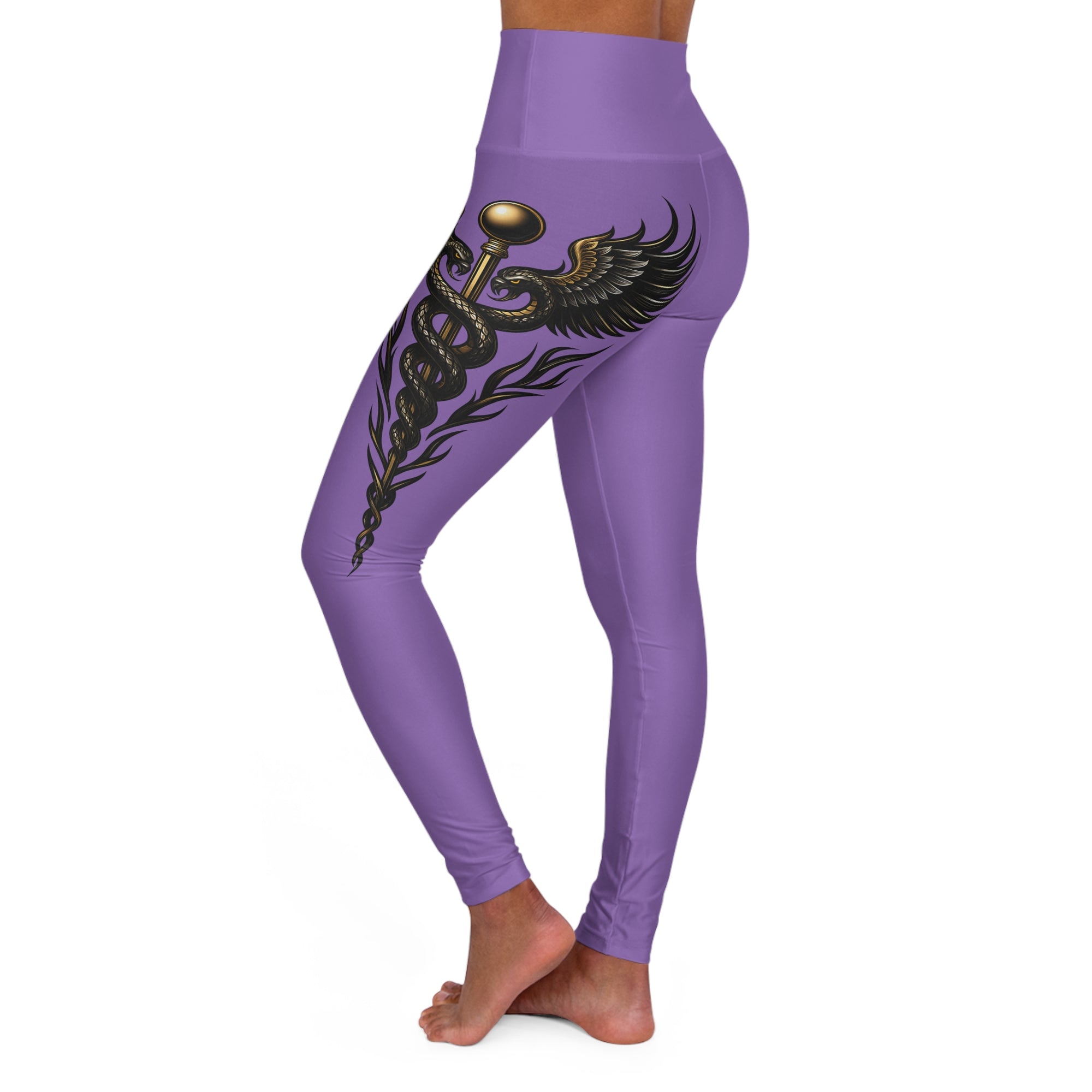 Nurse Caduceus High Waist Yoga Leggings – Light Purple, Black & Gold