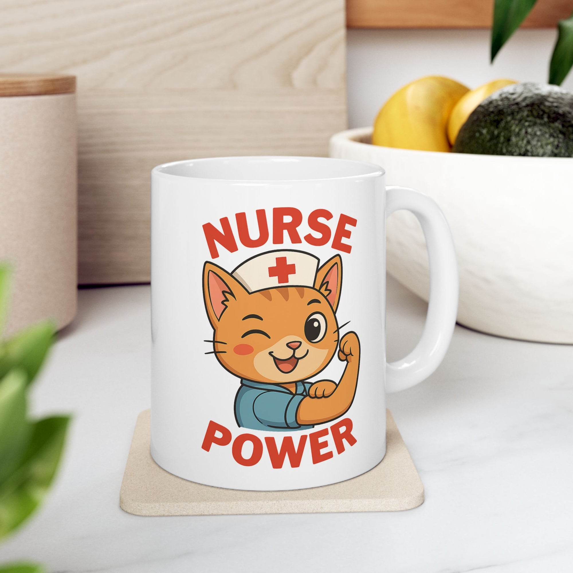 Nurse Power Ceramic Mug – Cute Cat Design, Perfect Gift for Nurses, Healthcare workers & Animal Lovers, 11oz Coffee Cup for Home or Office
