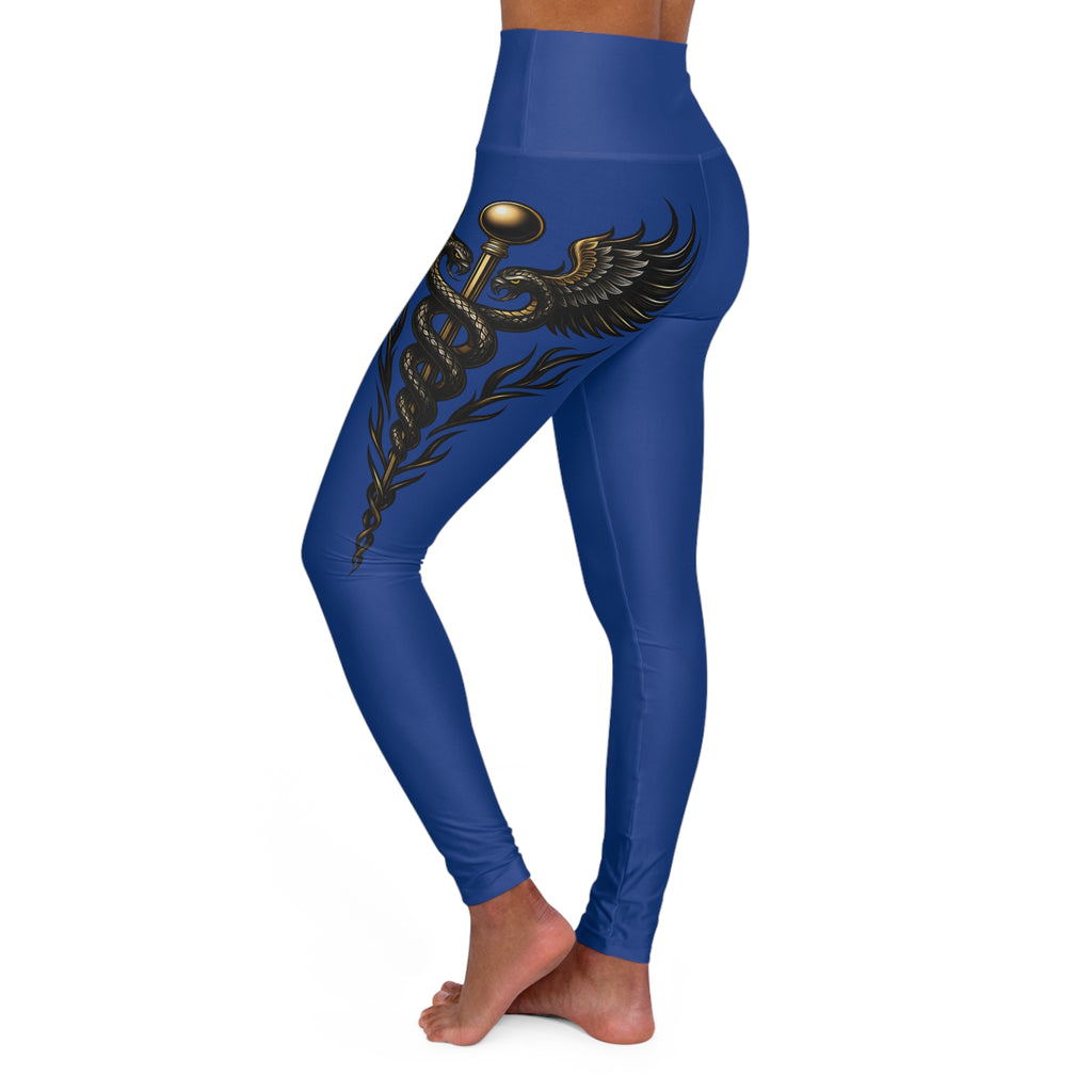 Nurse Caduceus High Waist Yoga Leggings – Blue, Black & Gold