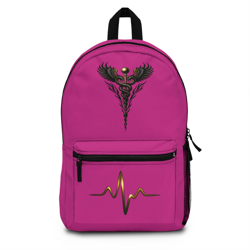 The Healer’s Backpack – Medical Caduceus & Gold Heartbeat Nursing Backpack (Pink)
