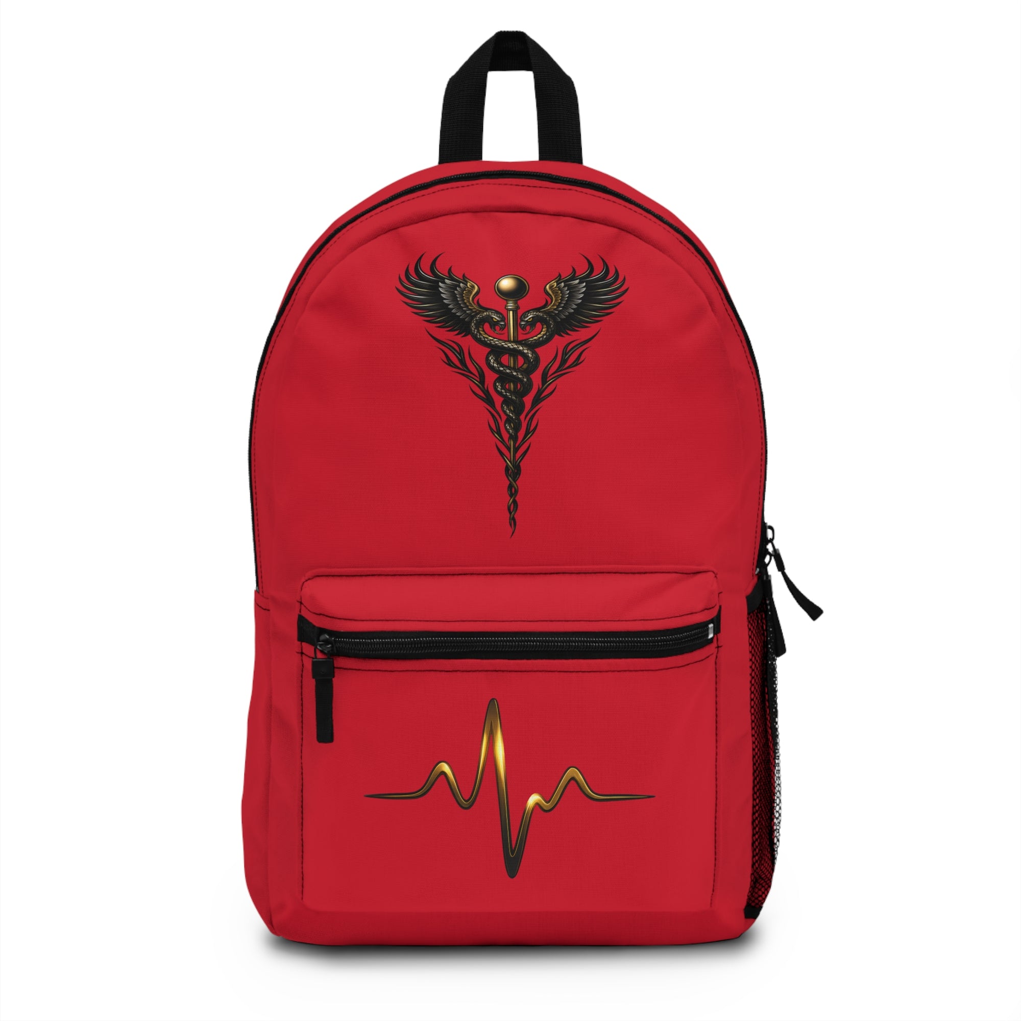 The Healer’s Backpack – Medical Caduceus & Gold Heartbeat Nursing Backpack (Red)