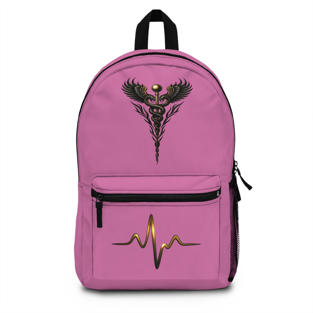 The Healer’s Backpack – Medical Caduceus & Gold Heartbeat Nursing Backpack (Light Pink)
