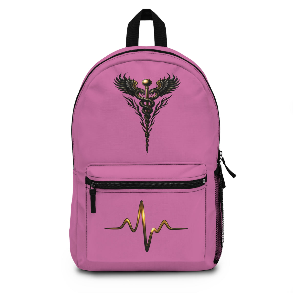 The Healer’s Backpack – Medical Caduceus & Gold Heartbeat Nursing Backpack (Light Pink)