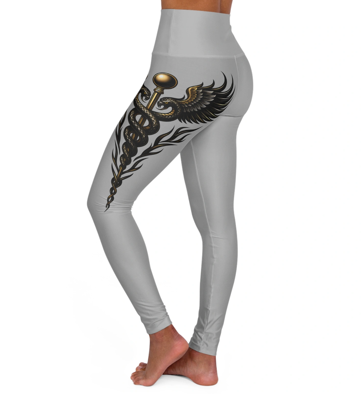 Nurse Caduceus High Waist Yoga Leggings – Light Grey, Black & Gold