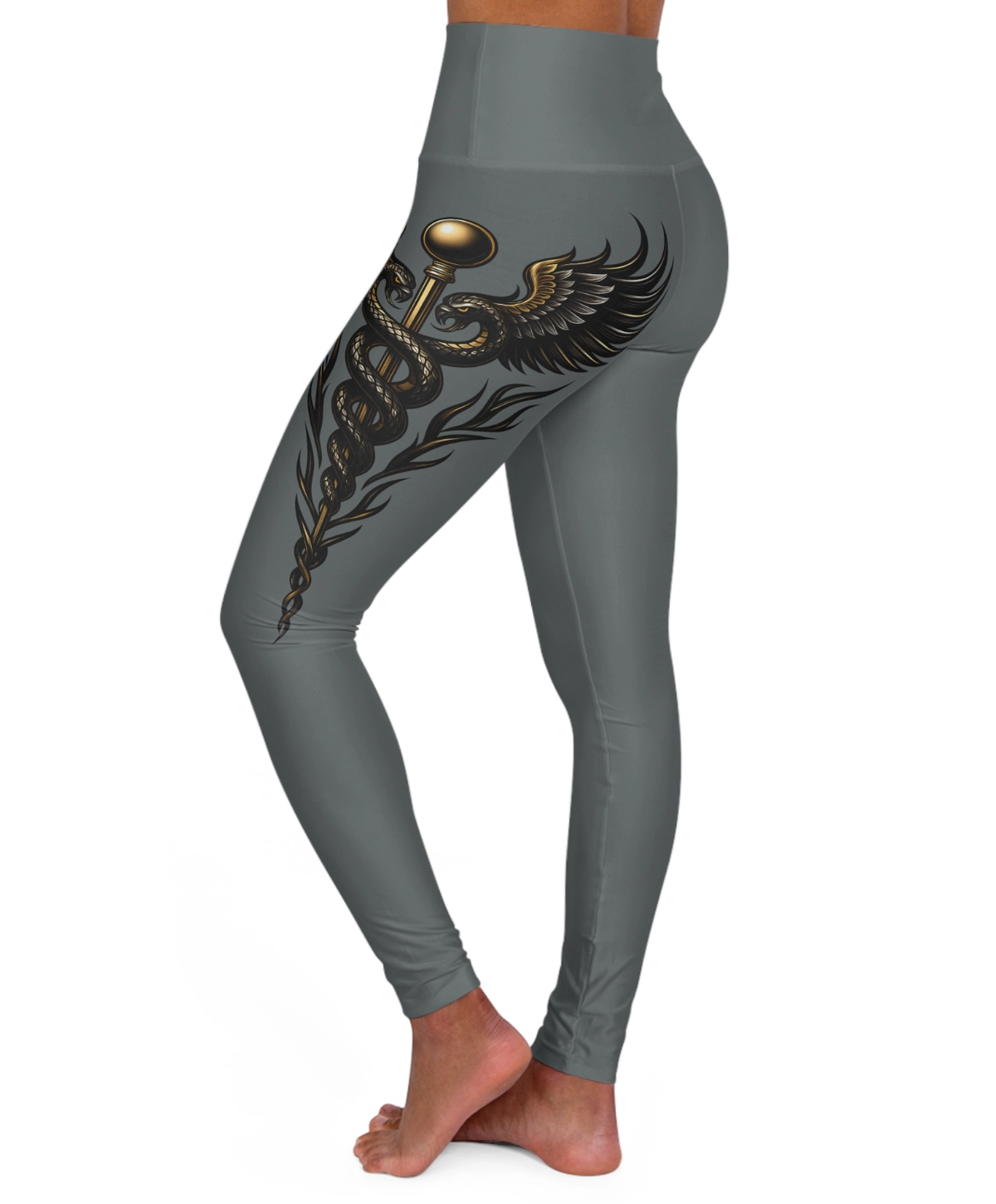 Nurse Caduceus High Waist Yoga Leggings – Grey, Black & Gold