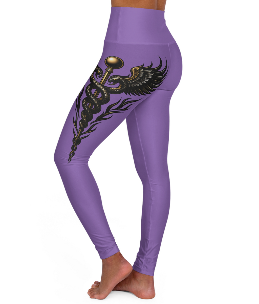 Nurse Caduceus High Waist Yoga Leggings – Light Purple, Black & Gold