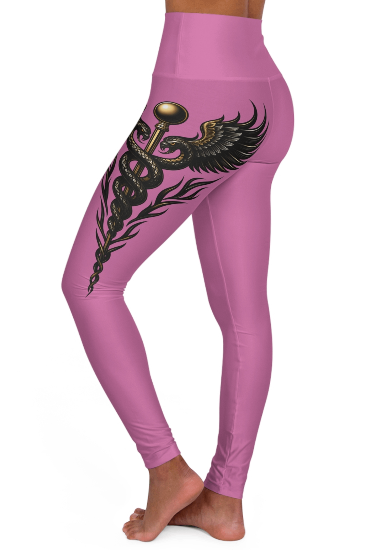 Nurse Caduceus High Waist Yoga Leggings – Light Pink, Black & Gold