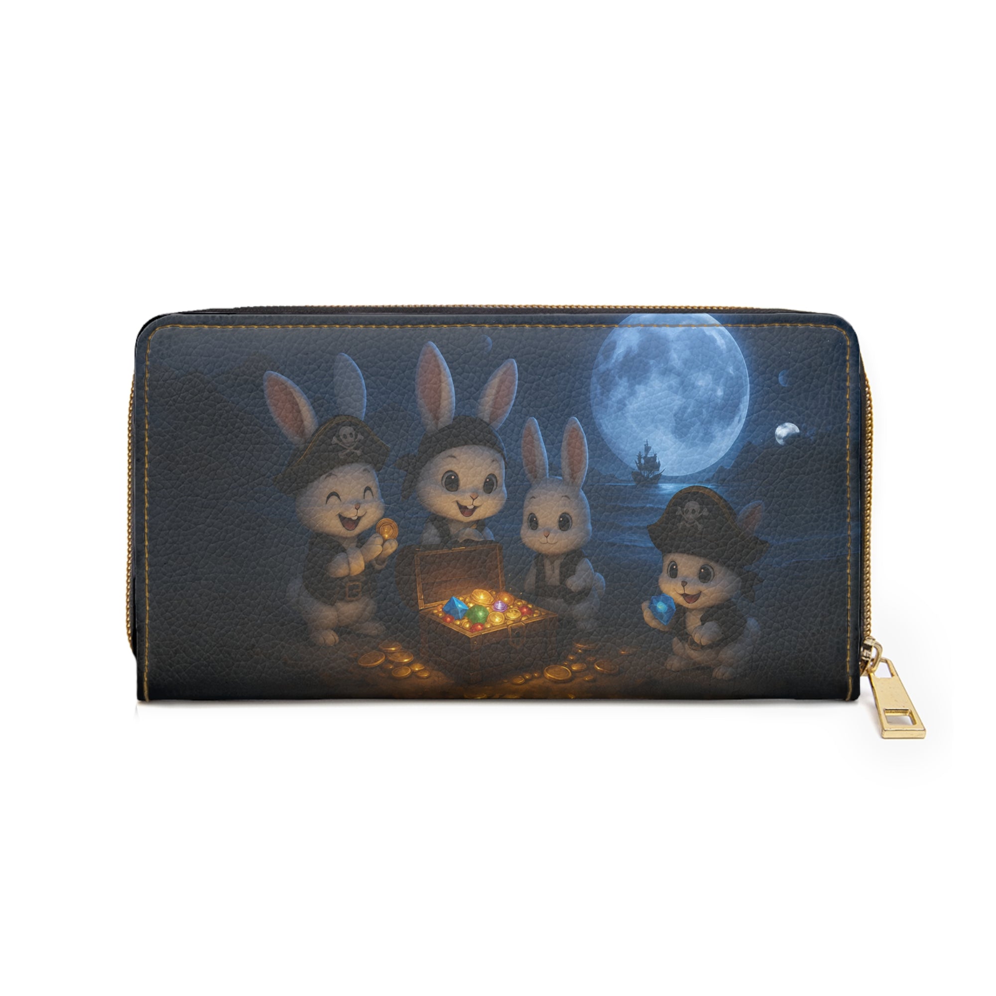 Fantasy Pirate Bunny Wallet – Whimsical Zipper Clutch with Treasure Art