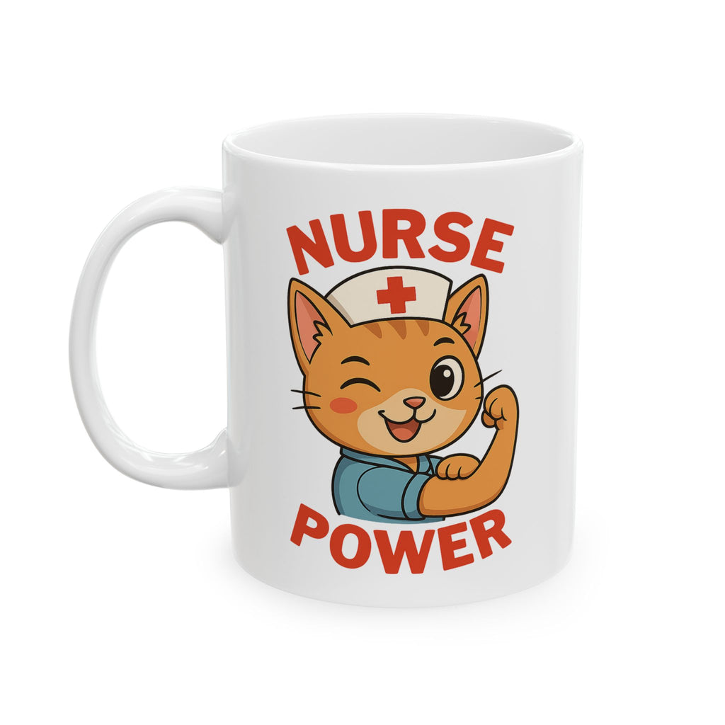Nurse Power Ceramic Mug – Cute Cat Design, Perfect Gift for Nurses, Healthcare workers & Animal Lovers, 11oz Coffee Cup for Home or Office