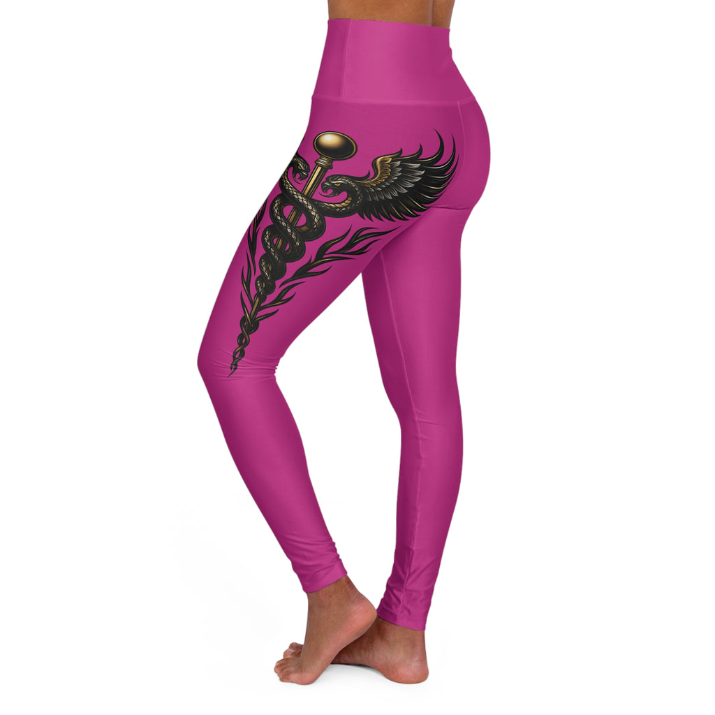 Nurse Caduceus High Waist Yoga Leggings – Pink, Black & Gold