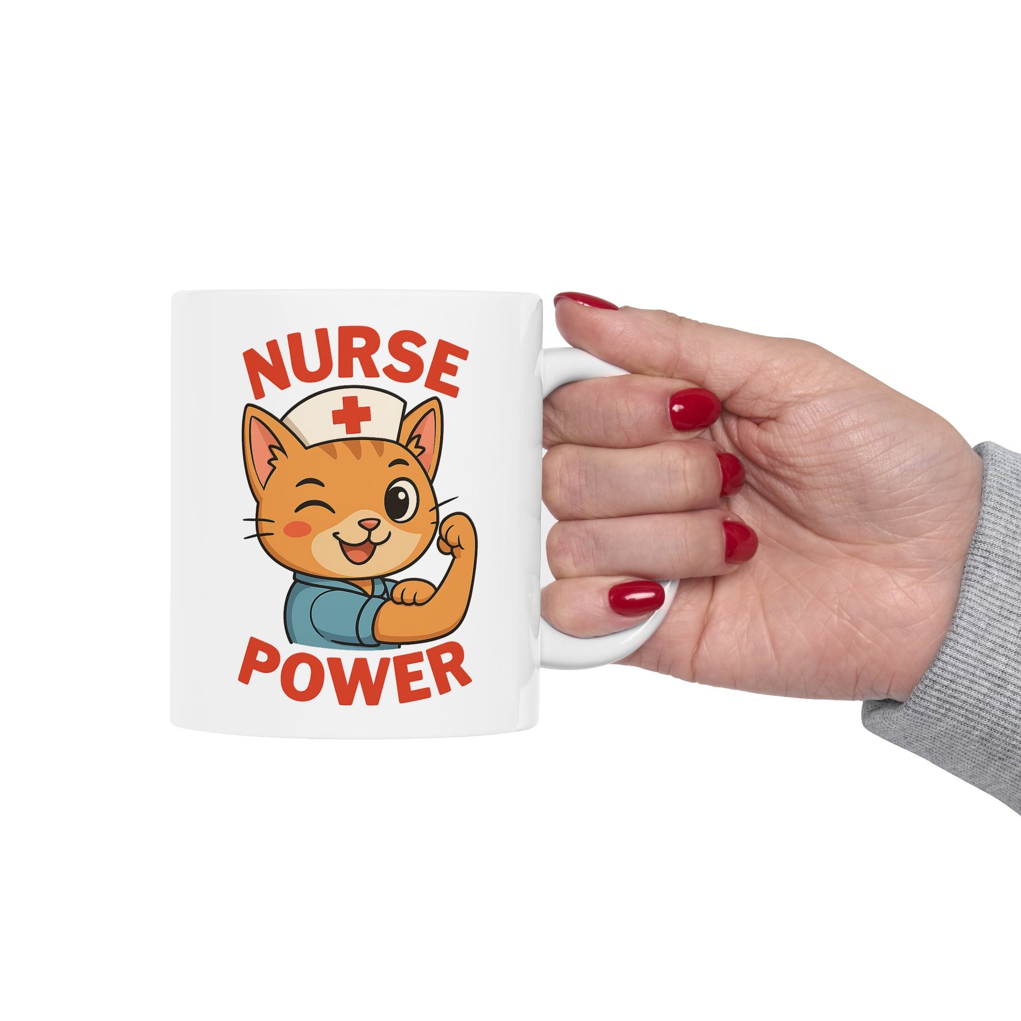 Nurse Power Ceramic Mug – Cute Cat Design, Perfect Gift for Nurses, Healthcare workers & Animal Lovers, 11oz Coffee Cup for Home or Office
