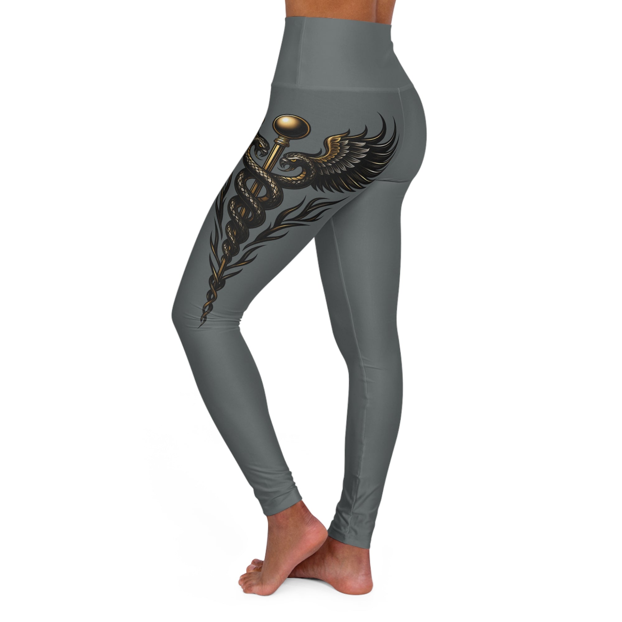 Nurse Caduceus High Waist Yoga Leggings – Grey, Black & Gold