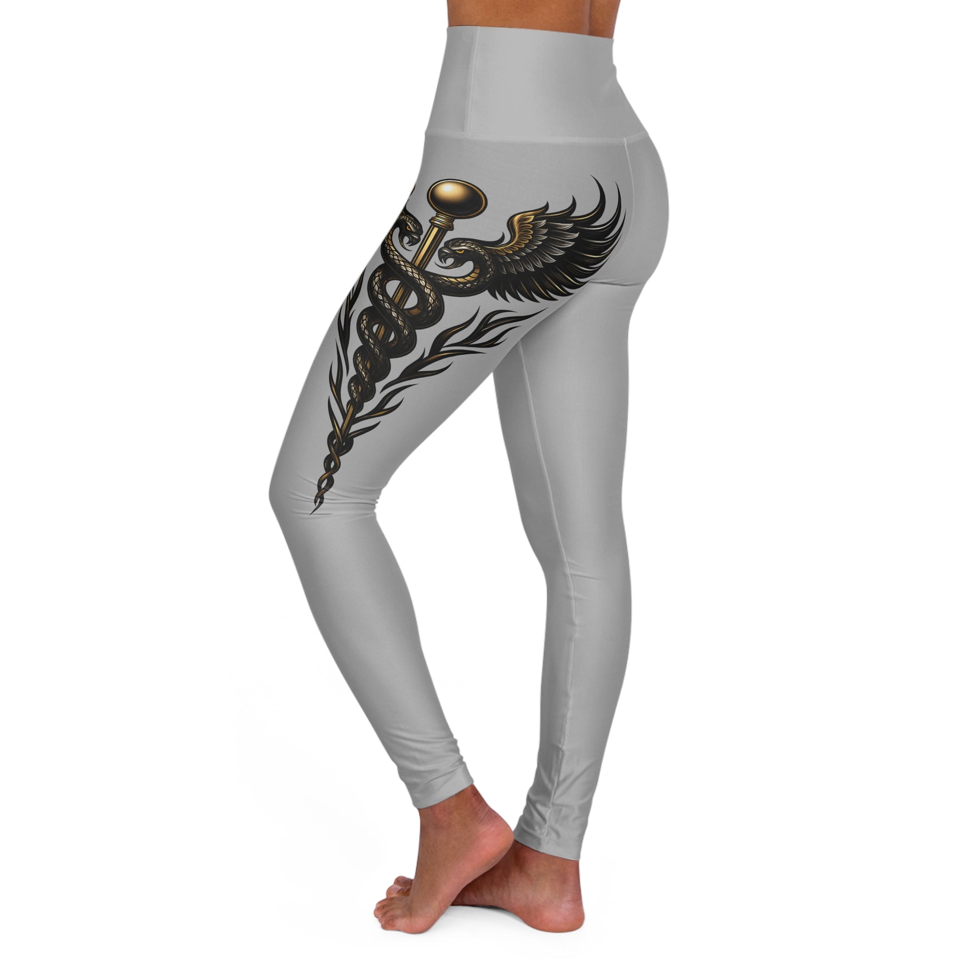 Nurse Caduceus High Waist Yoga Leggings – Light Grey, Black & Gold