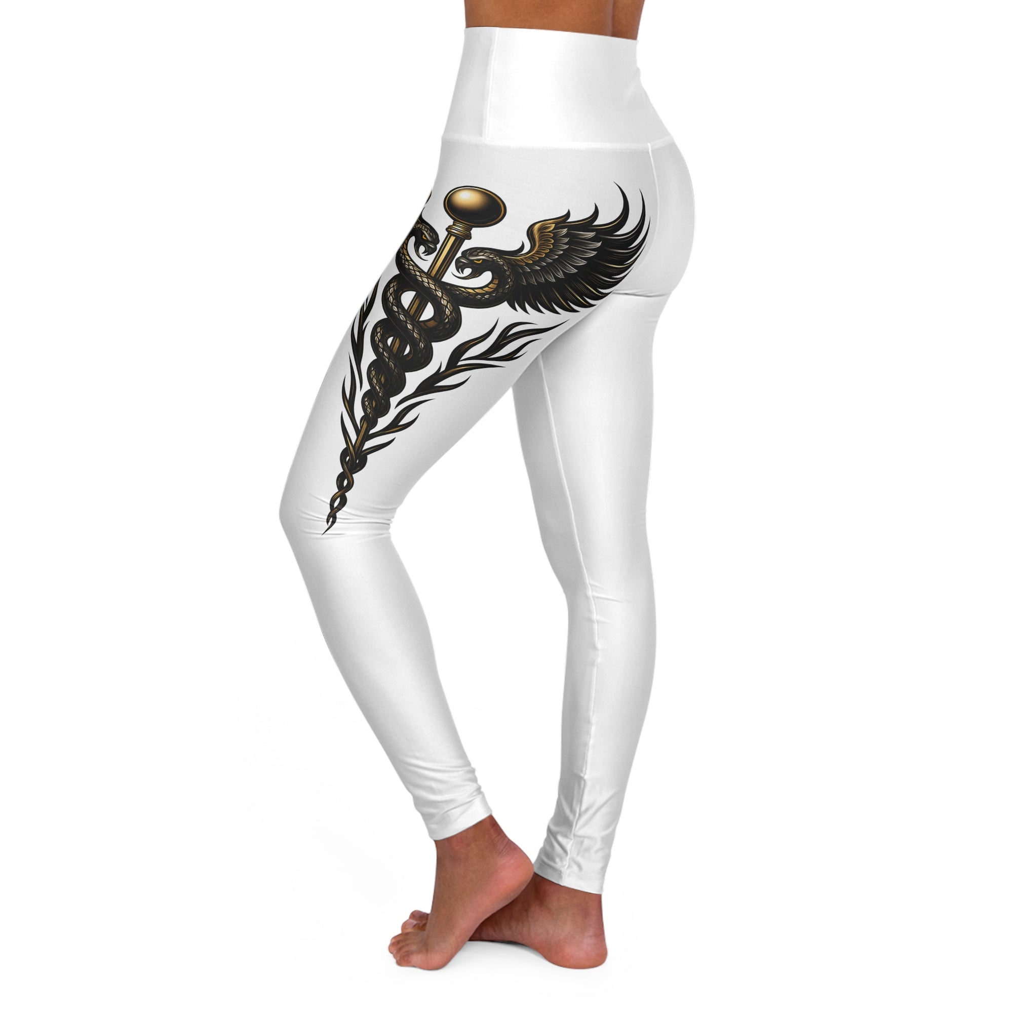 Nurse Caduceus High Waist Yoga Leggings – White, Black & Gold