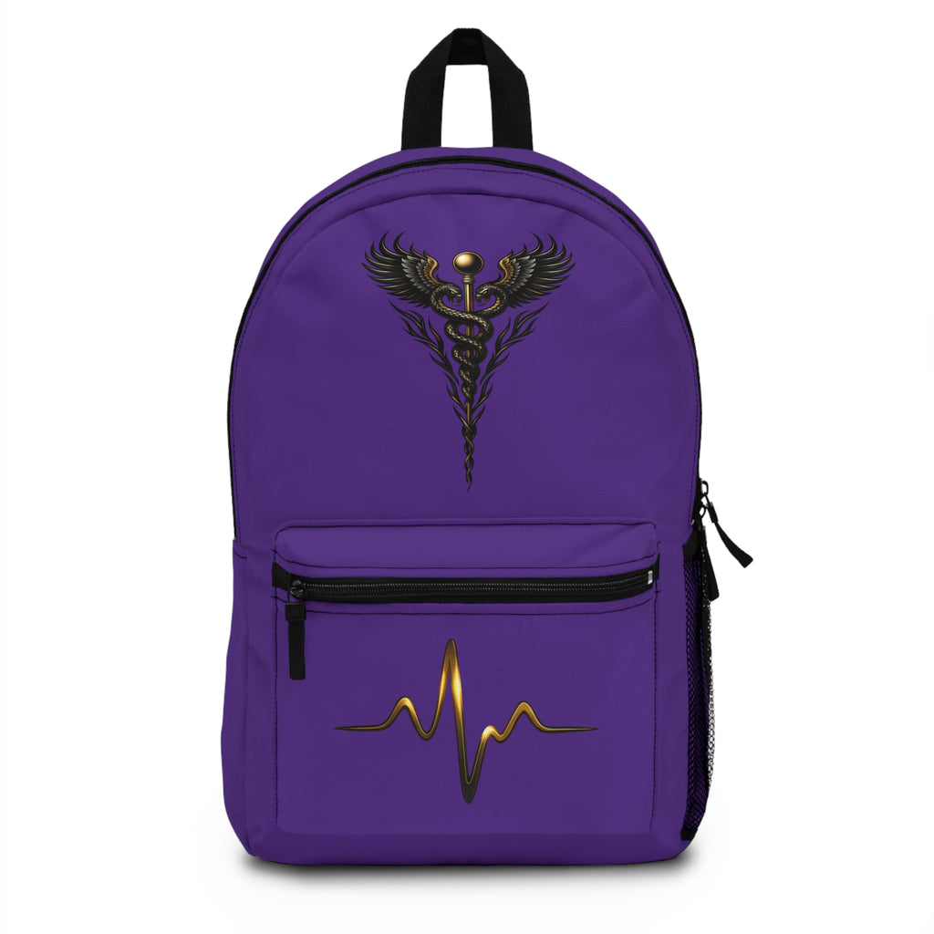 The Healer’s Backpack – Medical Caduceus & Gold Heartbeat Nursing Backpack (Purple)