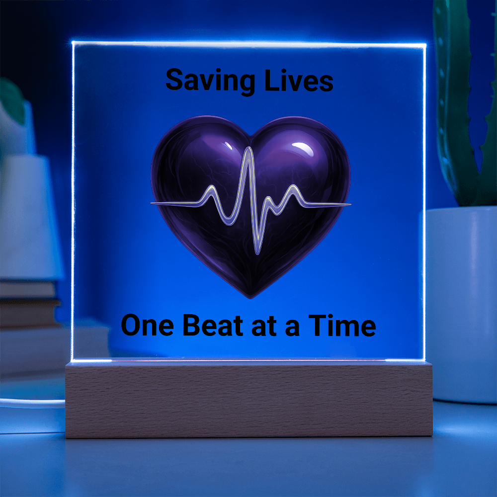 Healthcare Acrylic Square Plaque – Red Heart with Gold EKG Line LED Display