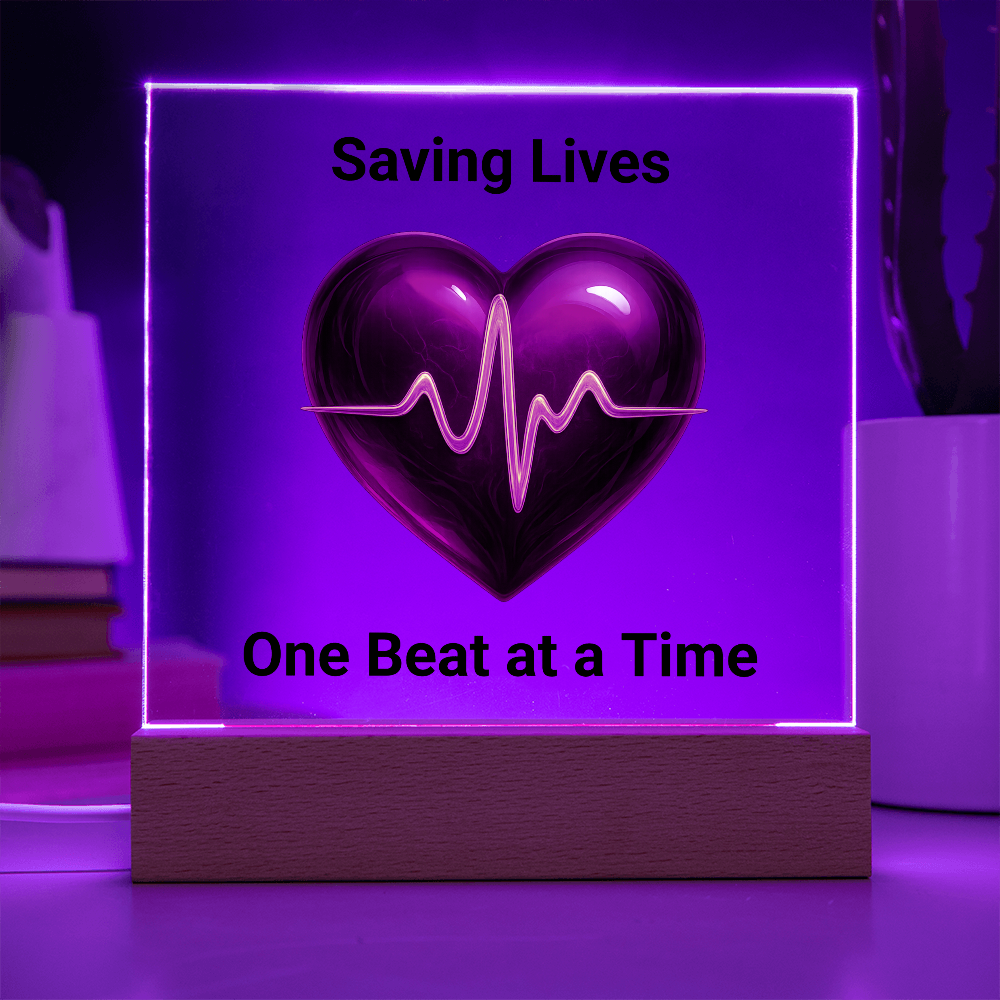 Healthcare Acrylic Square Plaque – Red Heart with Gold EKG Line LED Display