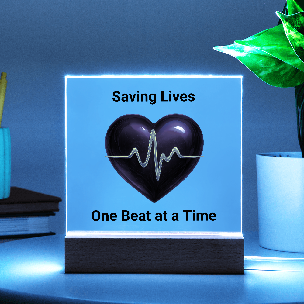 Healthcare Acrylic Square Plaque – Red Heart with Gold EKG Line LED Display