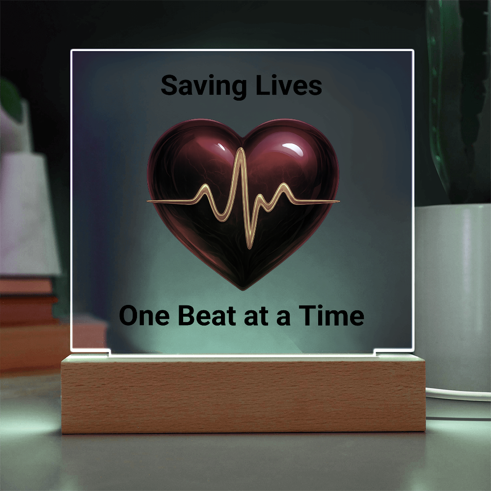 Healthcare Acrylic Square Plaque – Red Heart with Gold EKG Line LED Display