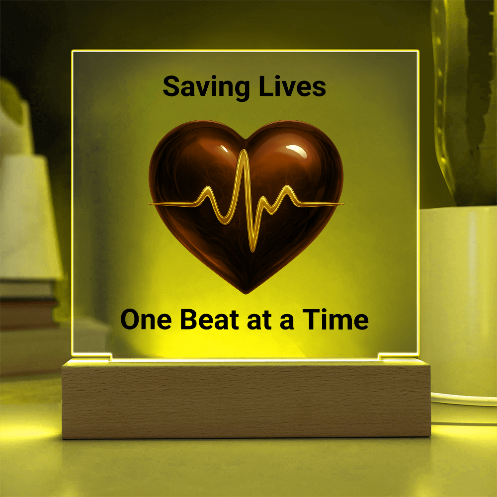 Healthcare Acrylic Square Plaque – Red Heart with Gold EKG Line LED Display