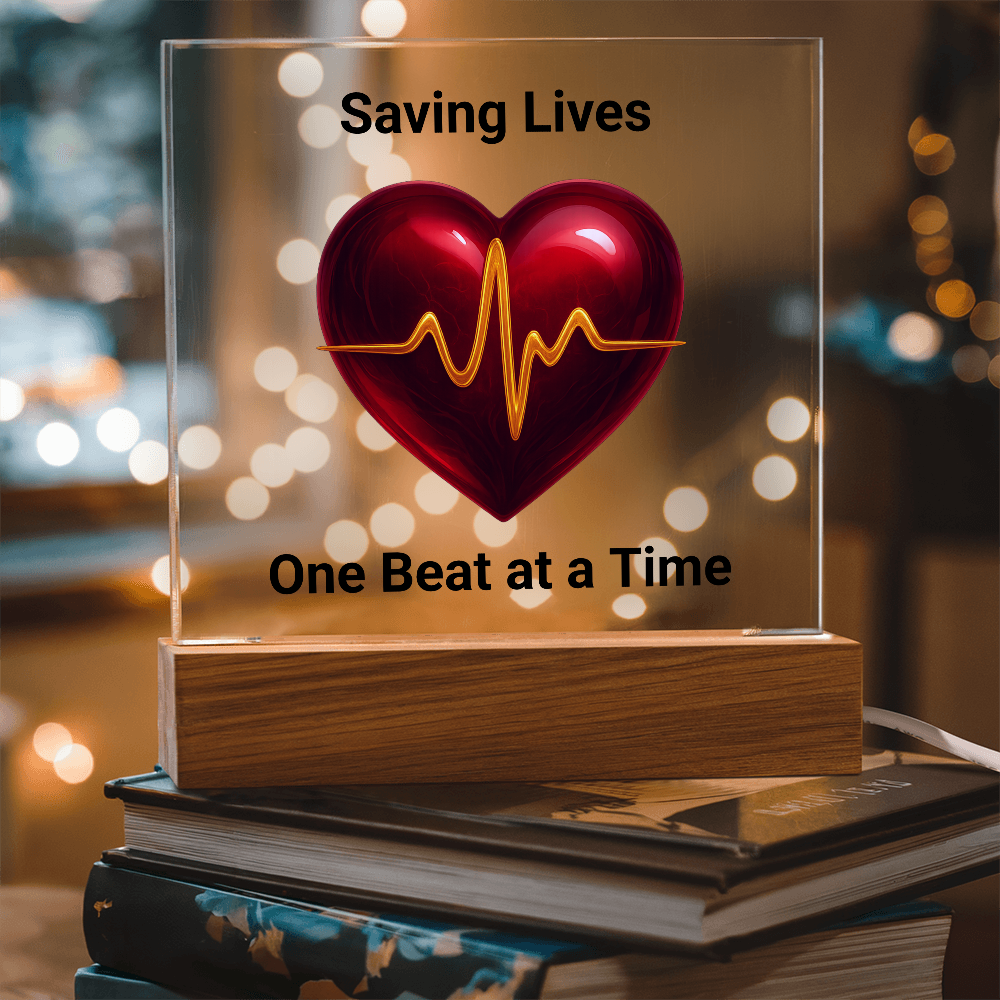 Healthcare Acrylic Square Plaque – Red Heart with Gold EKG Line LED Display