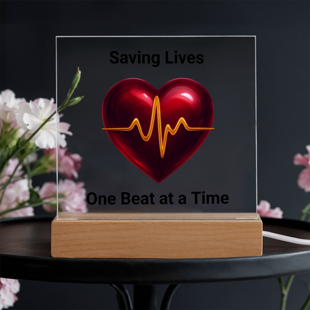 Healthcare Acrylic Square Plaque – Red Heart with Gold EKG Line LED Display