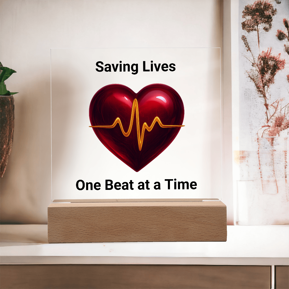 Healthcare Acrylic Square Plaque – Red Heart with Gold EKG Line LED Display