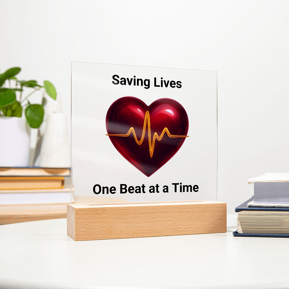 Healthcare Acrylic Square Plaque – Red Heart with Gold EKG Line LED Display