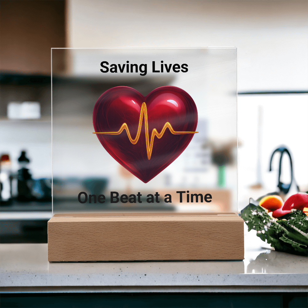 Healthcare Acrylic Square Plaque – Red Heart with Gold EKG Line LED Display