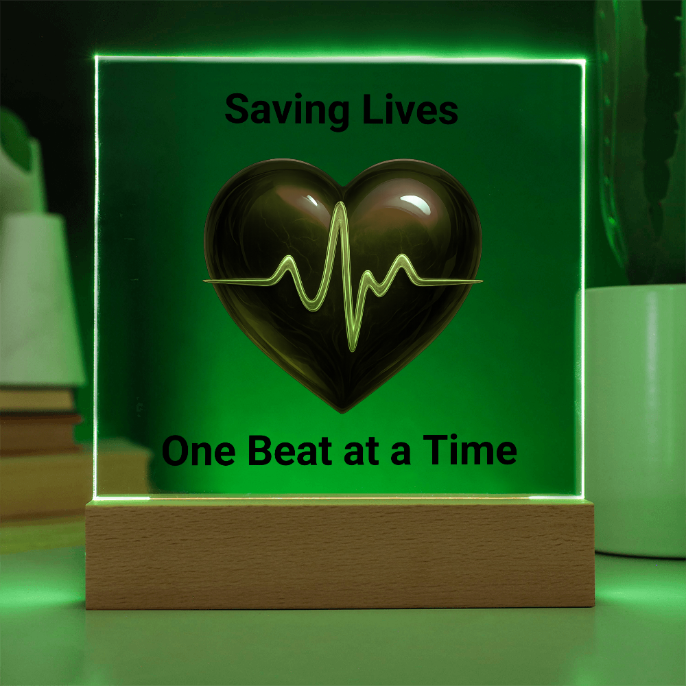 Healthcare Acrylic Square Plaque – Red Heart with Gold EKG Line LED Display