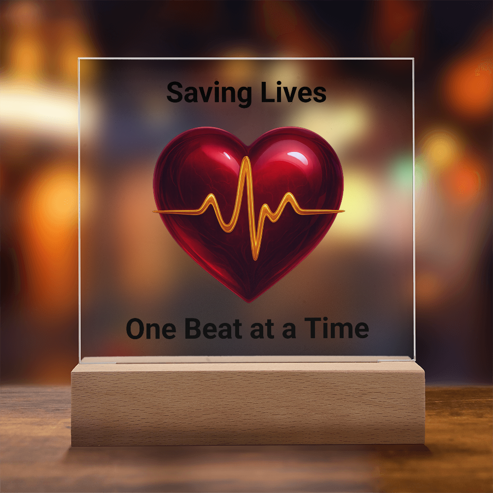 Healthcare Acrylic Square Plaque – Red Heart with Gold EKG Line LED Display