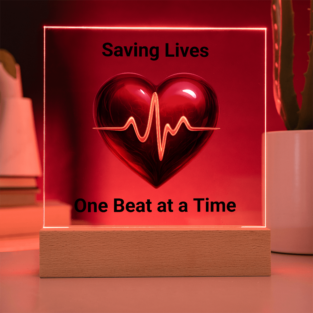 Healthcare Acrylic Square Plaque – Red Heart with Gold EKG Line LED Display