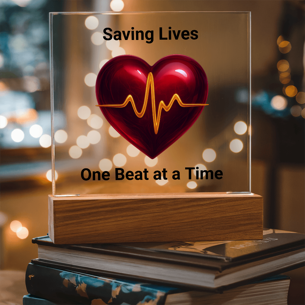 Healthcare Acrylic Square Plaque – Red Heart with Gold EKG Line LED Display