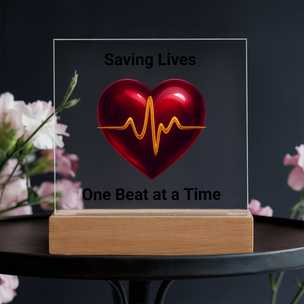 Healthcare Acrylic Square Plaque – Red Heart with Gold EKG Line LED Display